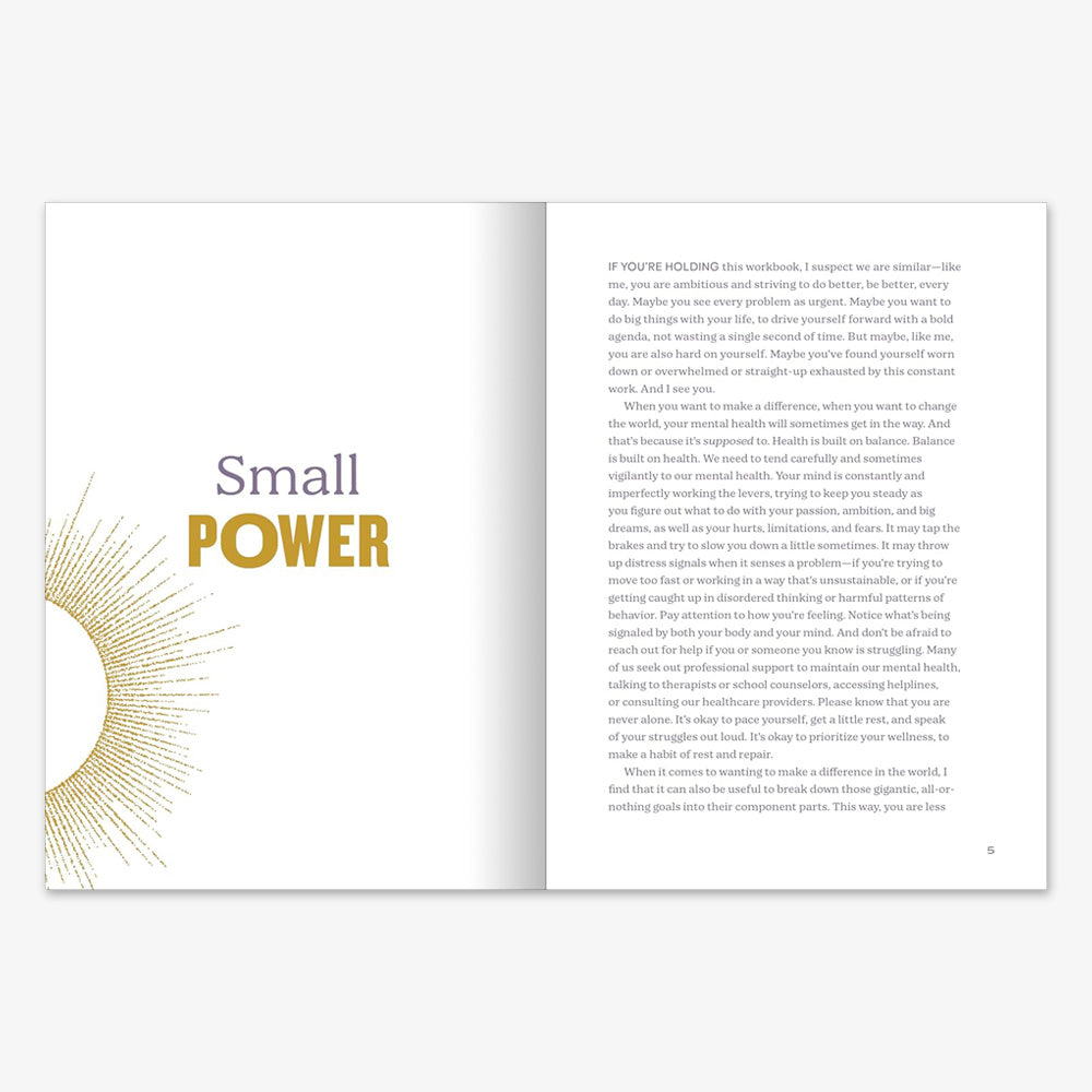 An open Overcoming: A Workbook shows “Small POWER” in large text with gold sunburst lines on the left page. The right, inspired by The Light We Carry, has clean sans-serif text on white. Page 5 appears at the bottom.