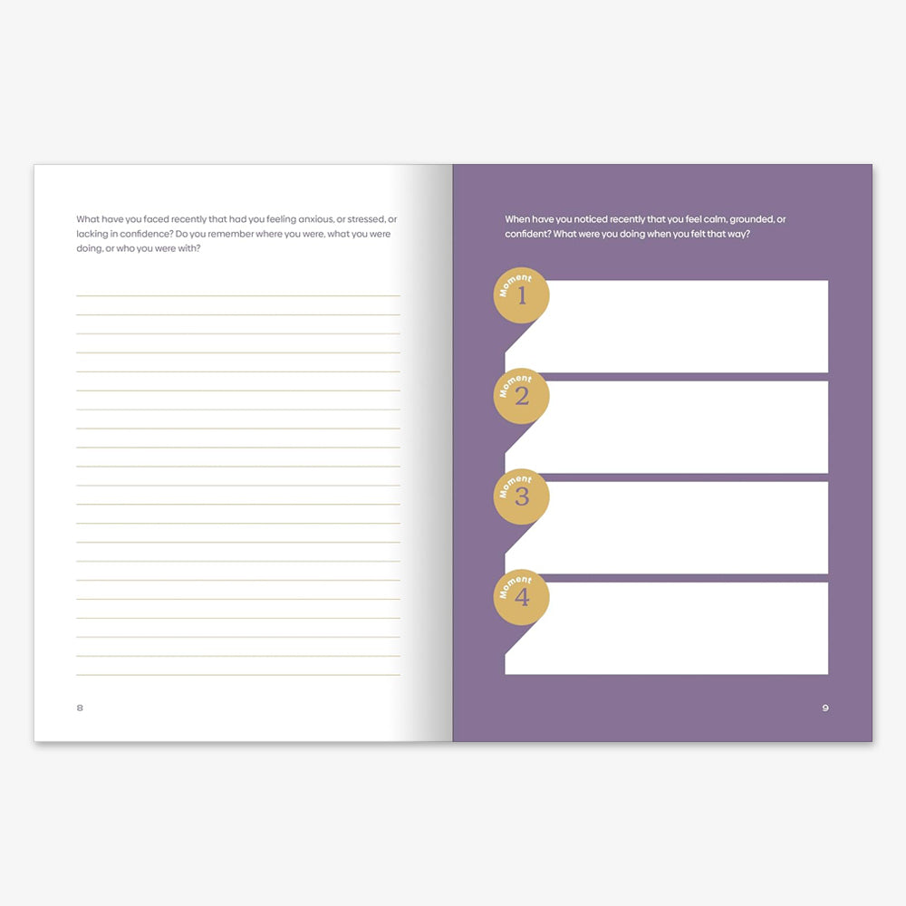 An open Overcoming: A Workbook displays two pages—left page with lined space to write about anxious or stressful experiences, right page inspired by The Light We Carry, featuring four numbered boxes for calming or grounding moments.