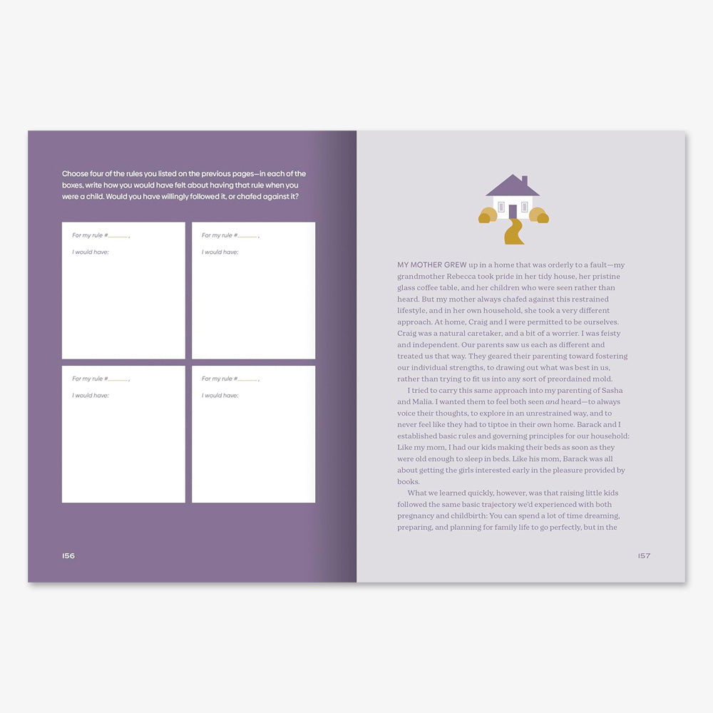 A book spread from "Overcoming: A Workbook" with a purple left page featuring prompts and four empty writing boxes, inspired by self-help guides, and a right page with text, a small purple house illustration, and pages 156–157 at the bottom.