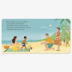 An illustration from "Who Is Barack Obama?: A Who Was? Board Book" shows a family on a sandy beach with palm trees and mountains, relaxing on a blanket as another adult hands a toy to the child, while more people walk along the shore.