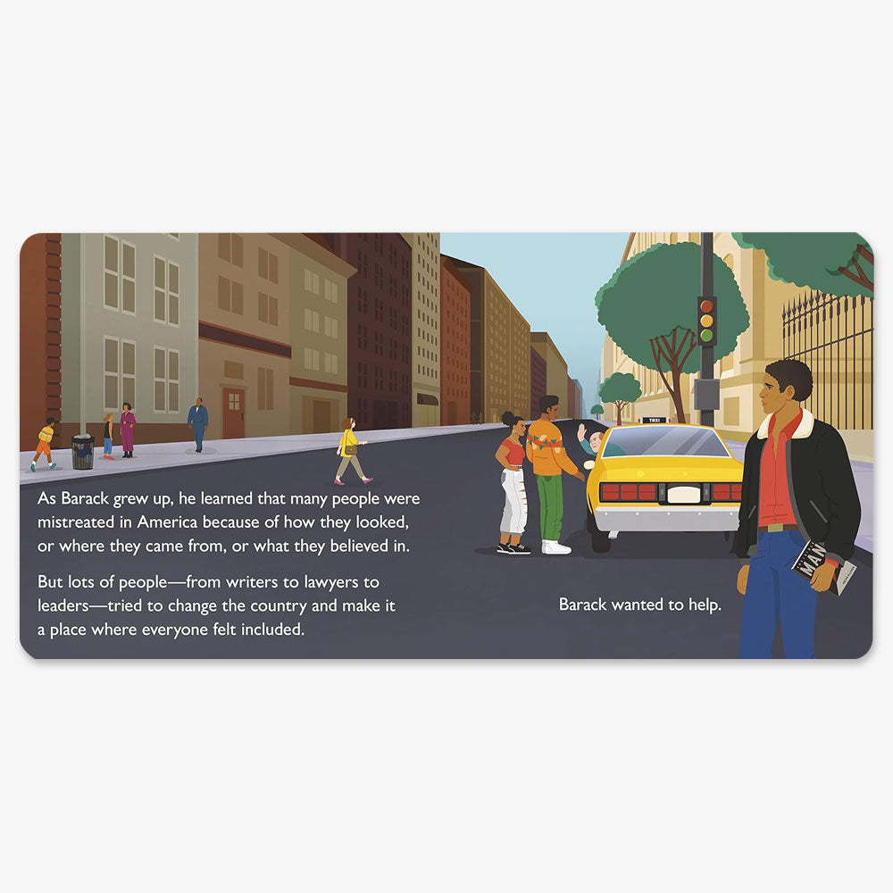 Illustration of a city street with diverse people and trees, featuring a thoughtful young man near a car. Text spotlights "Who Is Barack Obama?: A Who Was? Board Book"—a Barack Obama biography for preschool readers.