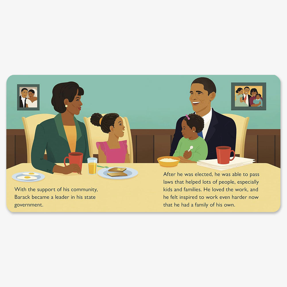 Illustration of a smiling family—two adults and two children—at a dining table with food and drinks. Framed family photos and the "Who Is Barack Obama?: A Who Was? Board Book" for preschool readers hang on the wall behind them.