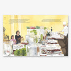 A warmly lit dining room with a long table set for a meal, reminiscent of "Next Year in the White House: Barack Obama's First Presidential Seder," where children watch chefs as glassware, plates, and fresh vegetables fill the table.