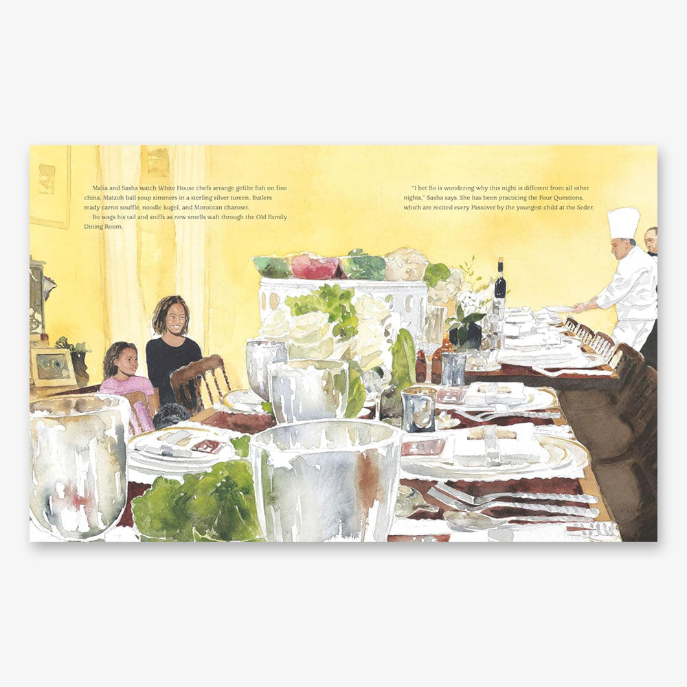 A warmly lit dining room with a long table set for a meal, reminiscent of "Next Year in the White House: Barack Obama's First Presidential Seder," where children watch chefs as glassware, plates, and fresh vegetables fill the table.