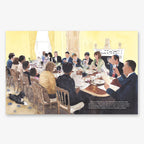 A diverse group shares a meal around a long table in a bright yellow room, reminiscent of "Next Year in the White House: Barack Obama's First Presidential Seder," while a dog rests nearby and some guests raise glasses for a toast.