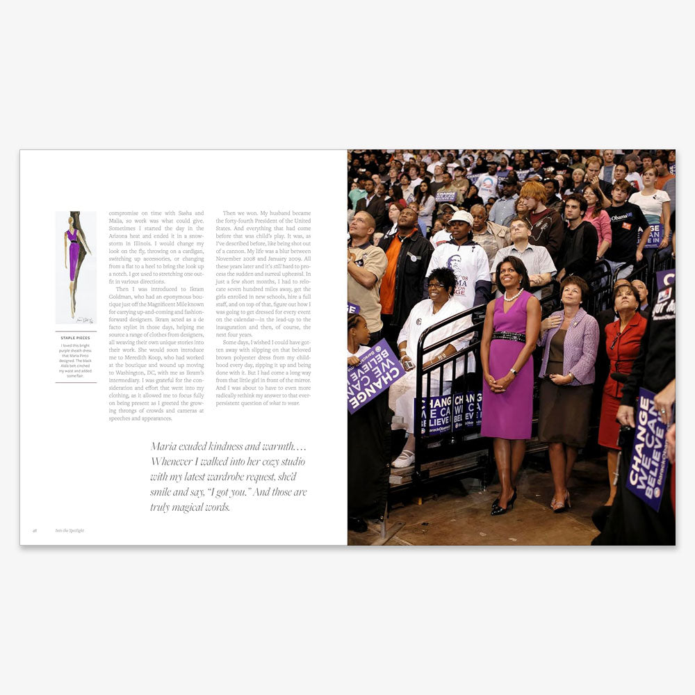 A magazine spread features an article with a fashion illustration on the left and a photo on the right of "The Look, Michelle Obama" in a purple dress at a political rally amid supporters holding Change We Can Believe In signs.