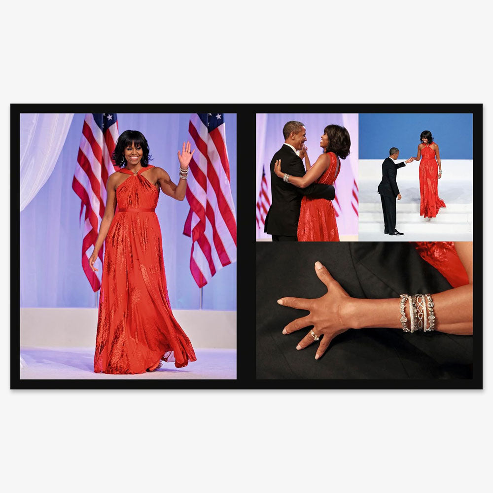A collage for "The Look, Michelle Obama" shows Michelle in a red gown waving, near American flags, dancing with Barack Obama, shaking his hand, and close-ups of her bracelets and ring—highlighting her signature elegance.