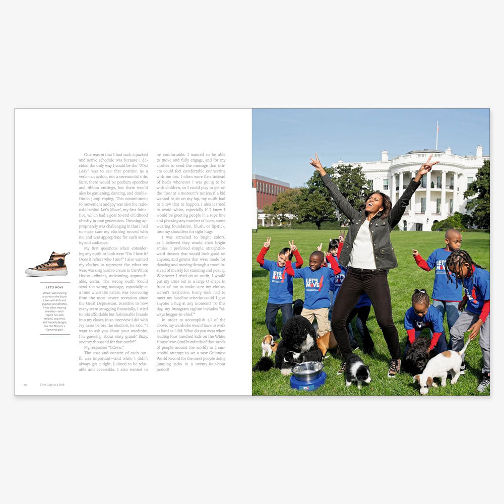 A woman channels "The Look, Michelle Obama," radiating joy with arms raised on the White House lawn, surrounded by children and puppies—her style captures positive spirit and fashion evolution.