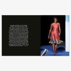 A photo from The Look, Michelle Obama shows her smiling on stage in a pink patterned dress, with text beside her explaining the significance of her DNC outfit in fashion evolution.