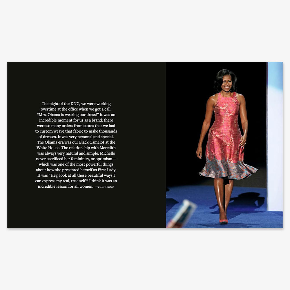 A photo from The Look, Michelle Obama shows her smiling on stage in a pink patterned dress, with text beside her explaining the significance of her DNC outfit in fashion evolution.