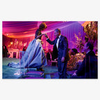 At an elegant, purple-lit event, a man in a tuxedo helps a woman in a formal gown onto a platform—an atmosphere reflecting the style and grace celebrated in The Look, Michelle Obama—with flowers and seated guests in the background.