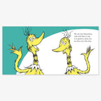 Two cheerful yellow Sneetches with long necks and beaks wave and smile against a teal and white background—perfect for babies and toddlers enjoying "We Are the Sneetches (Dr. Seuss's I Am Board Books).