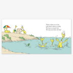 In "We Are the Sneetches (Dr. Seuss's I Am Board Books)," yellow, bird-like Sneetches splash in a blue lake, build sandcastles, and relax by an umbrella while a playful poem drifts above—perfect for babies and toddlers.
