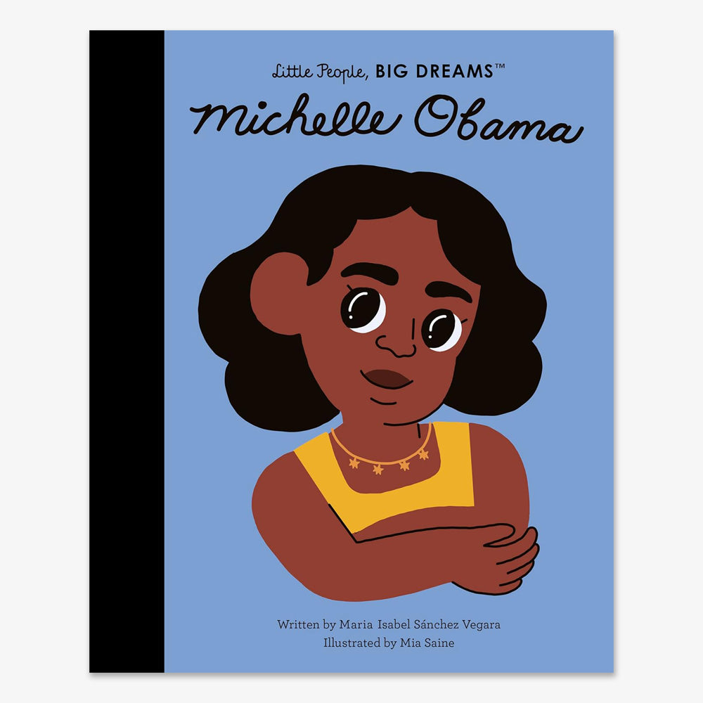 Illustrated book cover for Little People, Big Dreams: Michelle Obama, showing Michelle Obama with dark hair, a yellow top, and a necklace on a blue background.