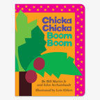 The Chicka Chicka Boom Boom book cover has bold, bright colors with a green palm tree and brown coconuts. The title appears in purple and blue, inviting kids to enjoy this fun alphabet board book that builds letter recognition skills.