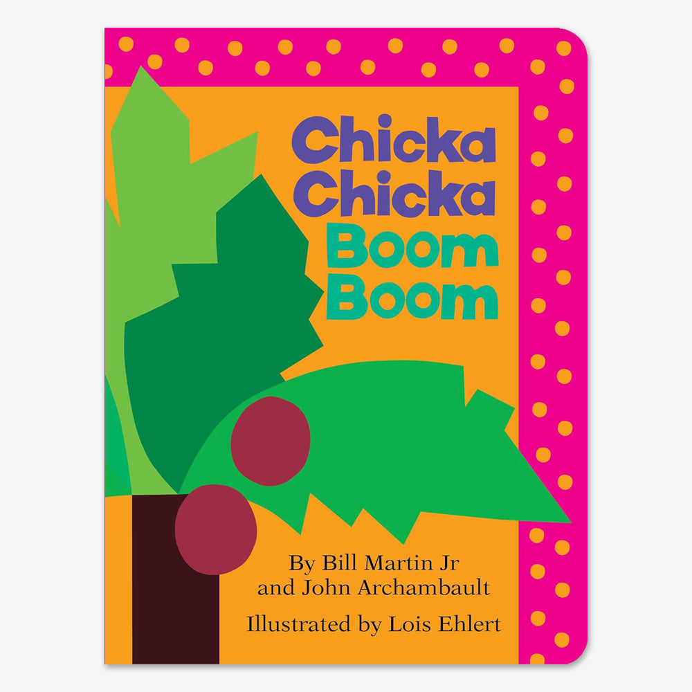 The Chicka Chicka Boom Boom book cover has bold, bright colors with a green palm tree and brown coconuts. The title appears in purple and blue, inviting kids to enjoy this fun alphabet board book that builds letter recognition skills.