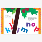 Inspired by Chicka Chicka Boom Boom, this illustrated book page features a coconut tree with colorful letters k, j, i, l, m, n, o, and p falling—ideal for letter recognition in an alphabet board book. White background; orange polka-dot borders.