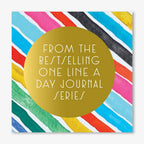 A gold circle with white text reads From the bestselling Rainbow One Line a Day: A Five-Year Memory Book, inspired by Kindah Khalidy, over a background of colorful diagonal stripes.