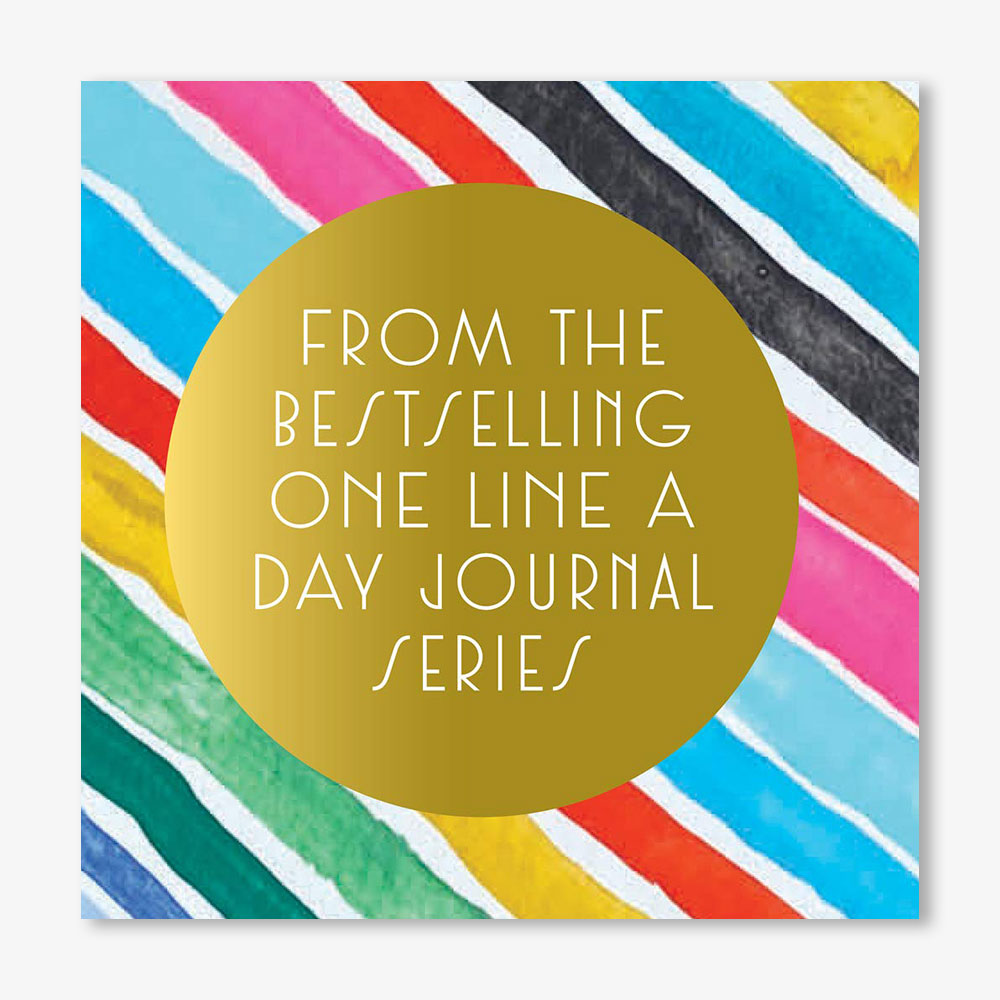 A gold circle with white text reads From the bestselling Rainbow One Line a Day: A Five-Year Memory Book, inspired by Kindah Khalidy, over a background of colorful diagonal stripes.