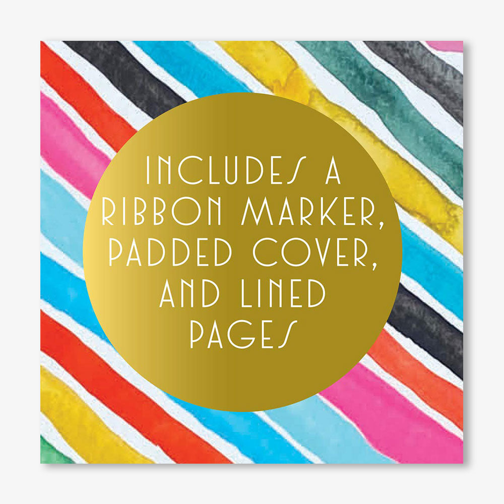 Square image with diagonal watercolor stripes in various colors. Centered gold circle shows white text: Rainbow One Line a Day: A Five-Year Memory Book—includes ribbon marker, padded cover, and lined pages.