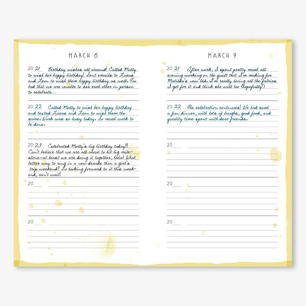 Rainbow One Line a Day: A Five-Year Memory Book shown open to March 8 and 9, with lined pages, space for memories, yellow watercolor accents, and handwritten entries in blue and black ink—ideal for recording daily reflections for five years.