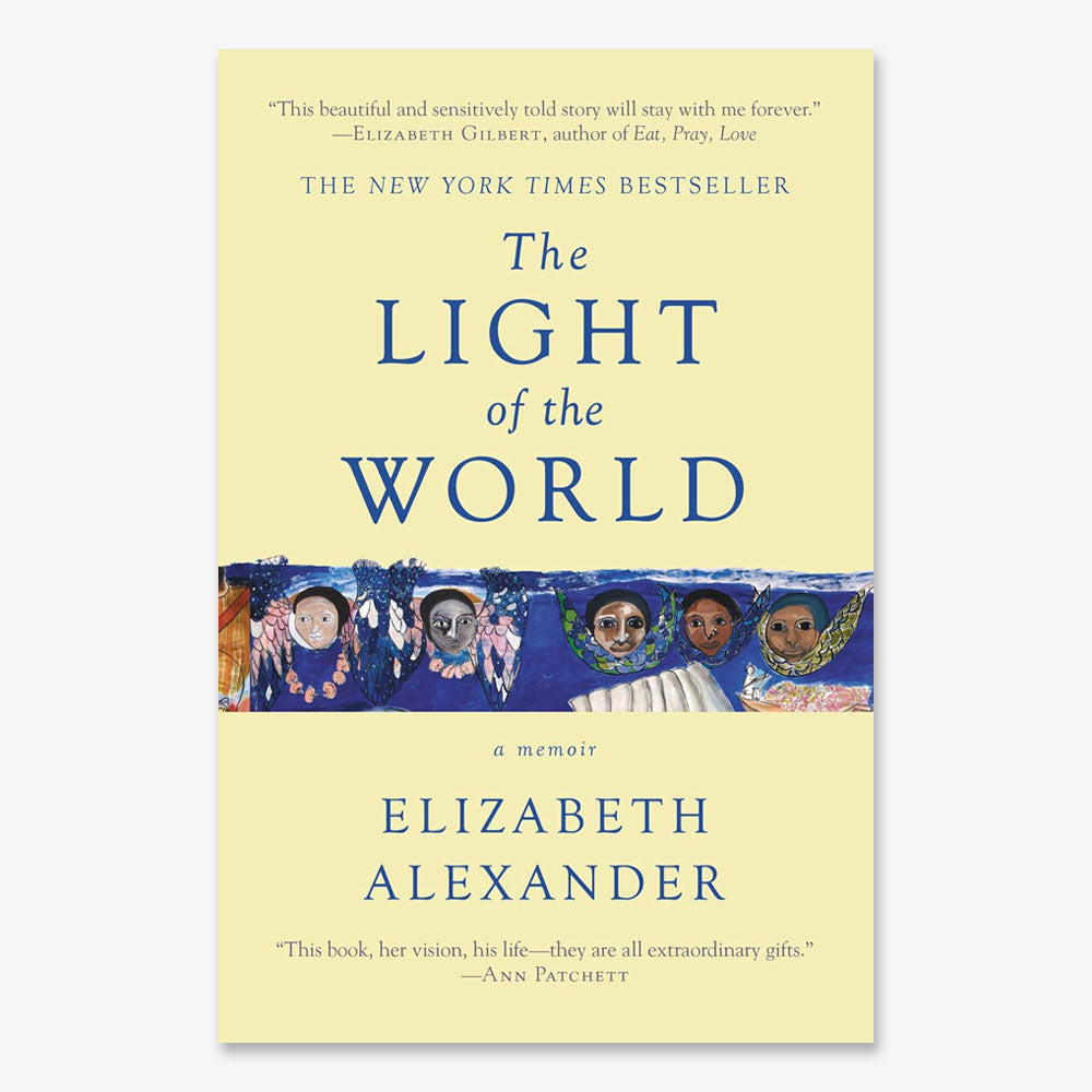 The Light of the World’s cover features a cream background, blue text, and a vibrant painted strip with faces below the title, echoing themes of love and loss. Endorsements are displayed at the top and bottom.