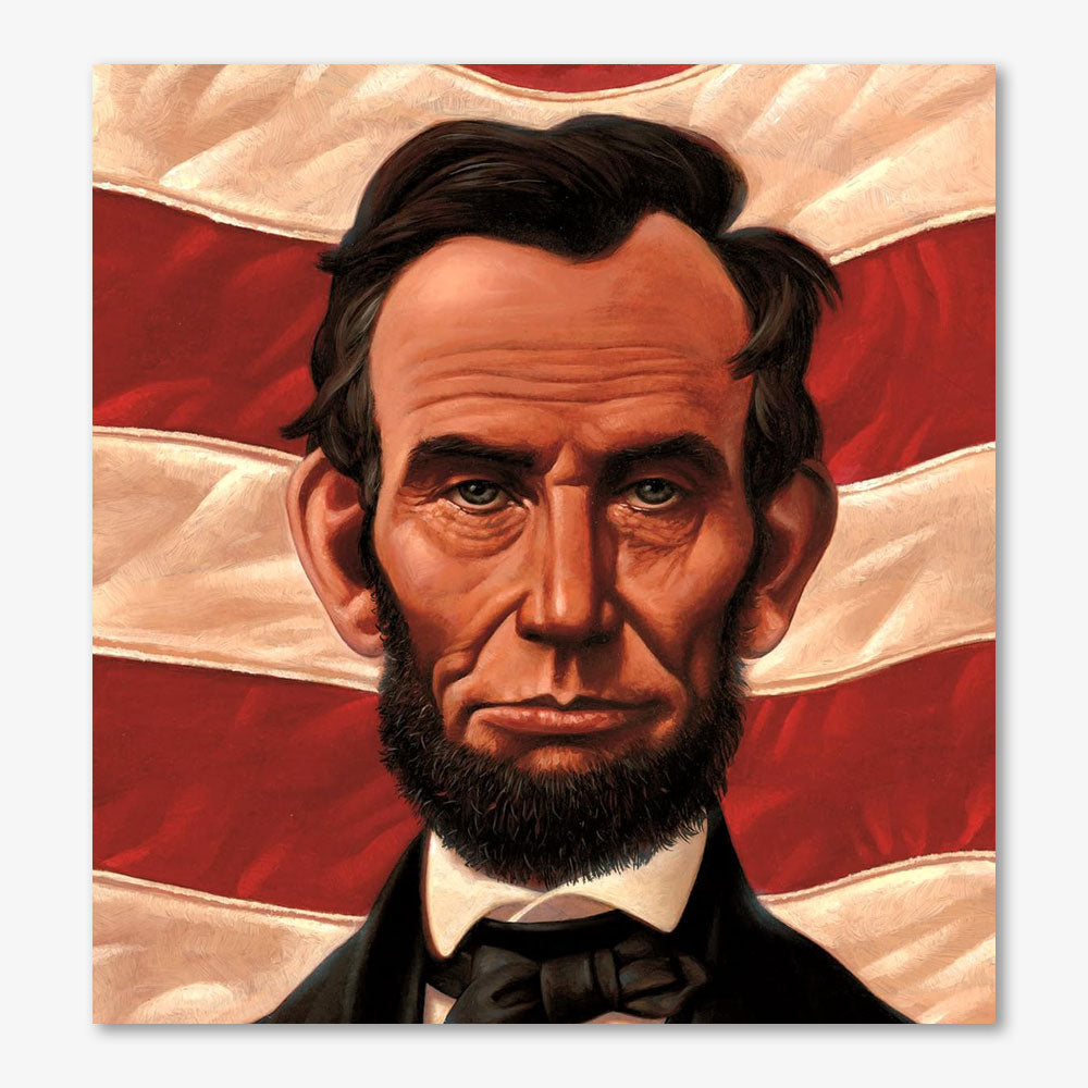 A painted portrait from "Abe's Honest Words: The Life of Abraham Lincoln (A Big Words Book, 3)" shows Lincoln in a black suit and bow tie, with a serious look, set before a waving red and white striped American flag.