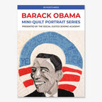 The Barack Obama Mini-Quilt Portrait Series postcard from Social Justice Sewing Academy features a smiling quilted portrait of Obama with red and white stripes and a blue circle—ideal for unique handcrafted gifts.