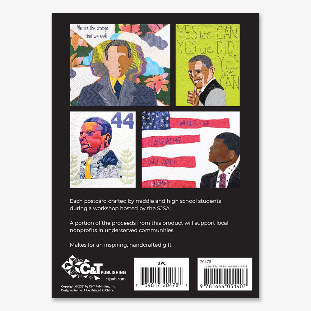 The Barack Obama Mini-Quilt Portrait Series postcard set features four quilted portraits with motivational text, handcrafted by Social Justice Sewing Academy students. Proceeds support nonprofits in underserved communities.