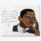 The Barack Obama Mini-Quilt Portrait Series features a quilted image of Obama in a suit and flag tie, resting his face on his hand, with the embroidered message: “If you’re walking down the right path… you’ll make progress!!”.