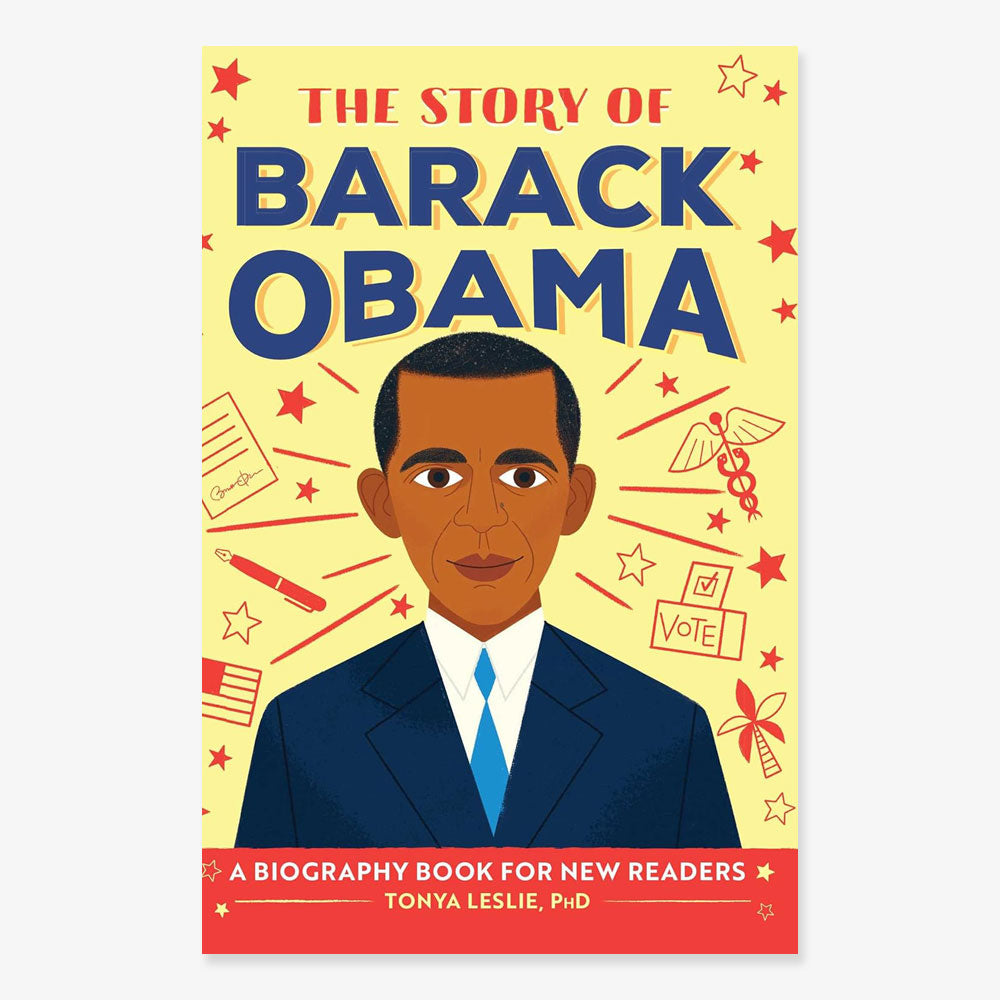 Illustrated cover for "The Story of Barack Obama: An Inspiring Biography for Young Readers" shows Obama in a suit, with stars, flags, vote ballot, and book icons. Ideal for ages 6-9. Author: Tonya Leslie, PhD.