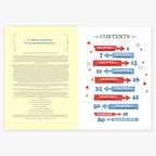 An open book displays a dedication page and the colorful table of contents for "The Story of Barack Obama: An Inspiring Biography for Young Readers," with chapters on red and blue arrows, stars, clear page numbers, and titles. Ideal for ages 6–9.