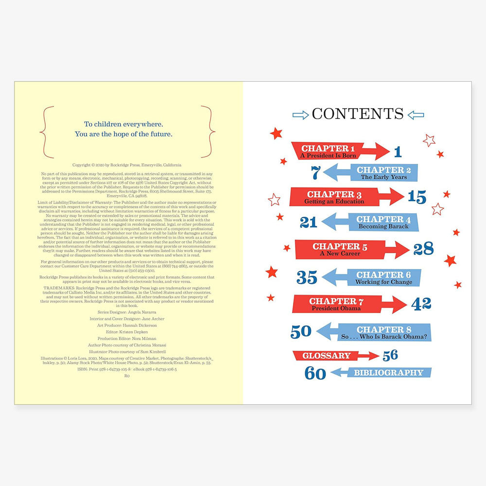 An open book displays a dedication page and the colorful table of contents for "The Story of Barack Obama: An Inspiring Biography for Young Readers," with chapters on red and blue arrows, stars, clear page numbers, and titles. Ideal for ages 6–9.