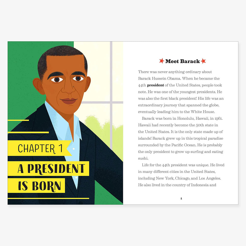 Illustration of Barack Obama in a suit by a window. Text: Chapter 1: A President is Born. On the right, "The Story of Barack Obama: An Inspiring Biography for Young Readers" introduces his early life for kids ages 6 to 9.