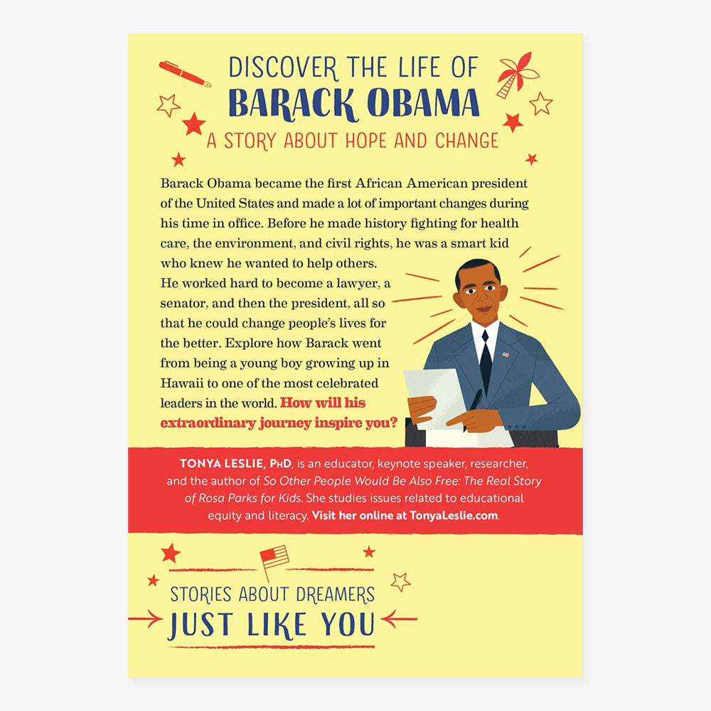 An illustrated poster titled The Story of Barack Obama: An Inspiring Biography for Young Readers, featuring inspiring text for kids ages 6 to 9 about Obama's journey to the presidency.