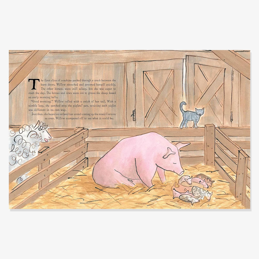 A watercolor illustration for “Willow the White House Cat” shows a pig with piglets in a straw-filled barn, a sheep looking on from a pen, and Willow the gray cat perched on a shelf. Text appears on the wooden barn wall in the background.