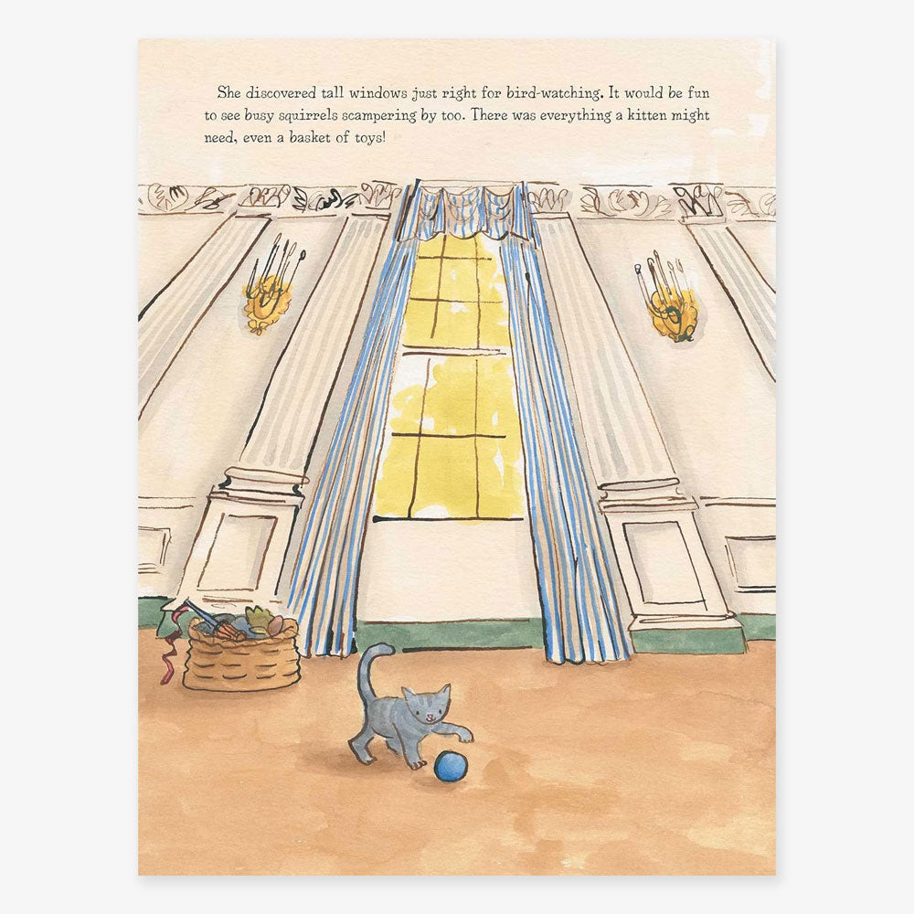 An illustration of a grand room featuring Willow the White House Cat, inspired by Jill Biden’s pet, with tall windows and blue-striped curtains as she plays with a blue ball—an enchanting scene for any children’s book.