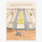 An illustration of a grand room featuring Willow the White House Cat, inspired by Jill Biden’s pet, with tall windows and blue-striped curtains as she plays with a blue ball—an enchanting scene for any children’s book.