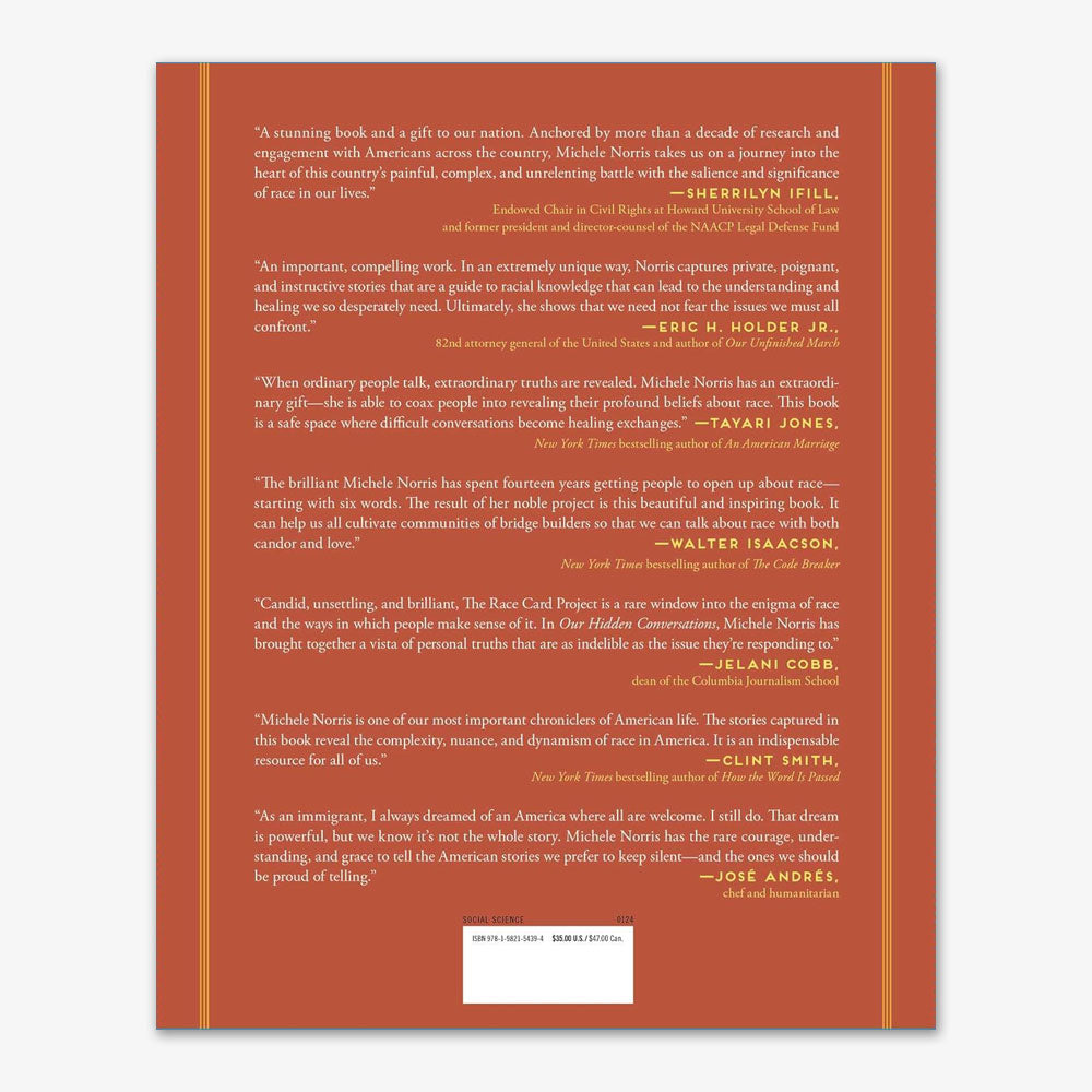 Book cover with endorsements for Our Hidden Conversations: What Americans Really Think About Race and Identity by Michele Norris, featuring quotes from Sherrilyn Ifill, Eric H. Holder Jr., Tayari Jones, Walter Isaacson, Jelani Cobb, Clint Smith, and José Andrés.