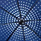 Close-up of the underside of the Obama Presidential Center Umbrella, featuring blue fabric with white circular polka dots and black metal spokes—an iconic accessory from Chicago’s South Side.