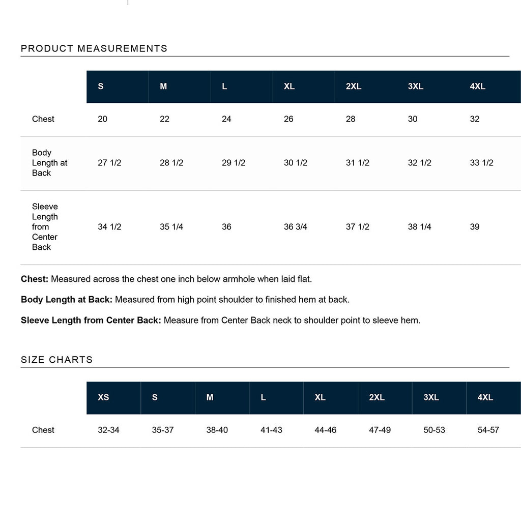 A sizing chart for the Obama Foundation Full-zip Fleece (S–4XL) shows chest width, back body length, and sleeve length from center back. Includes explanations for each measurement and a reference row for sizes.