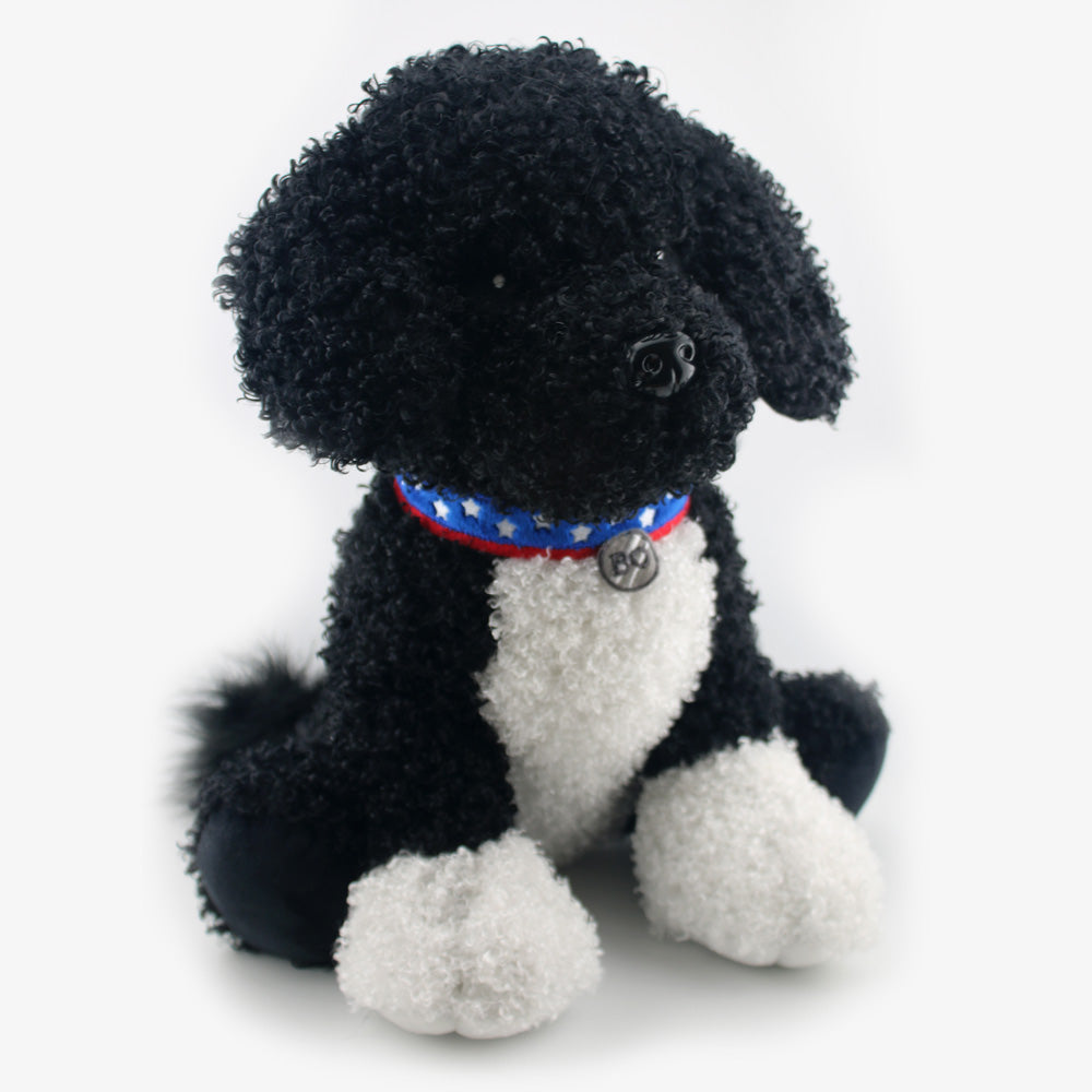 Bo Plush is a toy dog with curly black fur, a white chest, and white paws. Inspired by the Obama family pet, it sits upright wearing a blue collar with white stars, red trim, and a round silver tag marked "BO"—a presidential keepsake.