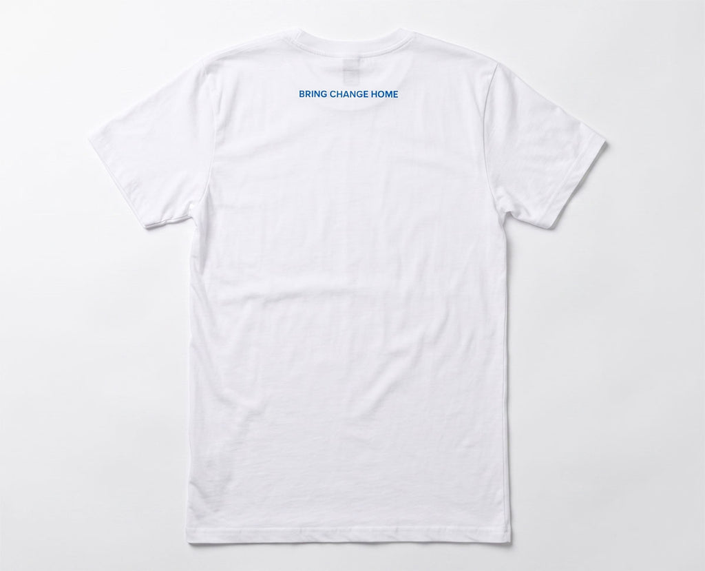 Back view of the Obama Presidential Center Symbol T-shirt - White, featuring a plain white design with the words BRING CHANGE HOME printed in small blue letters near the upper center by the neckline.