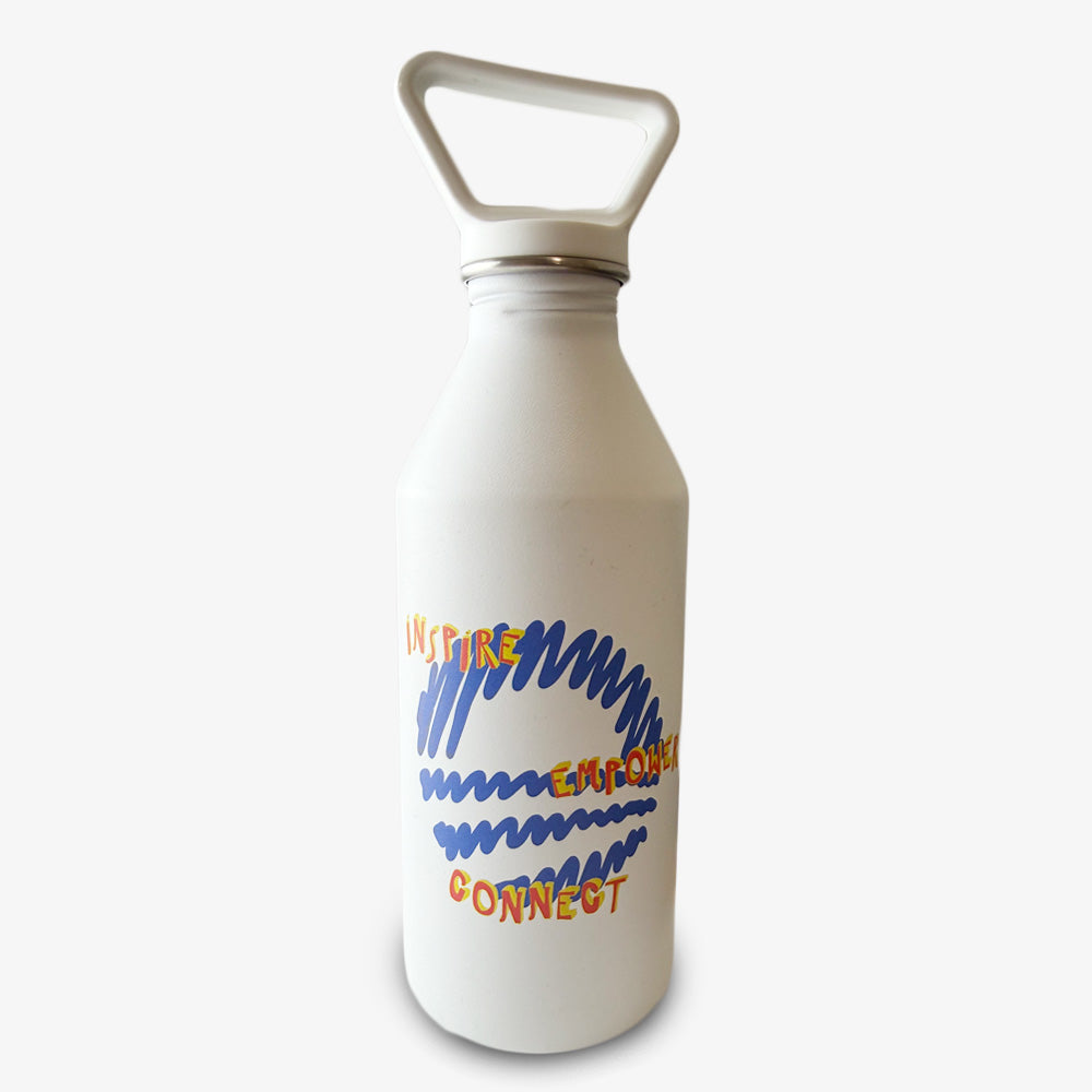 The Obama Presidential Center Script Water Bottle is a white stainless steel bottle featuring a triangular handle, blue squiggle design, and the words INSPIRE, CONNECT, and EUFORQUE in colorful letters.