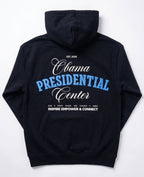 The Obama Presidential Center Script Hooded Sweatshirt is a black navy pullover with bold blue and white text on the back, featuring "EST. 2026," "Inspire Empower & Connect," and a Chicago, IL address.