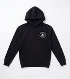 The Obama Presidential Center Script Hooded Sweatshirt is a black hoodie with a front pocket and a white circular logo on the left chest, featuring “Obama Presidential Center” around a stylized O icon, laid flat on a white background.