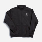 The Obama Foundation Full-zip Fleece is a black fleece jacket with a high collar, small white logo, and "Obama Foundation" text on the left chest, full zip closure, long sleeves, and two front pockets.