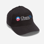 The Official Obama 2008 Campaign Hat - Black features "Obama 08," "BarackObama.com," and a blue and red logo on the front—ideal campaign memorabilia.