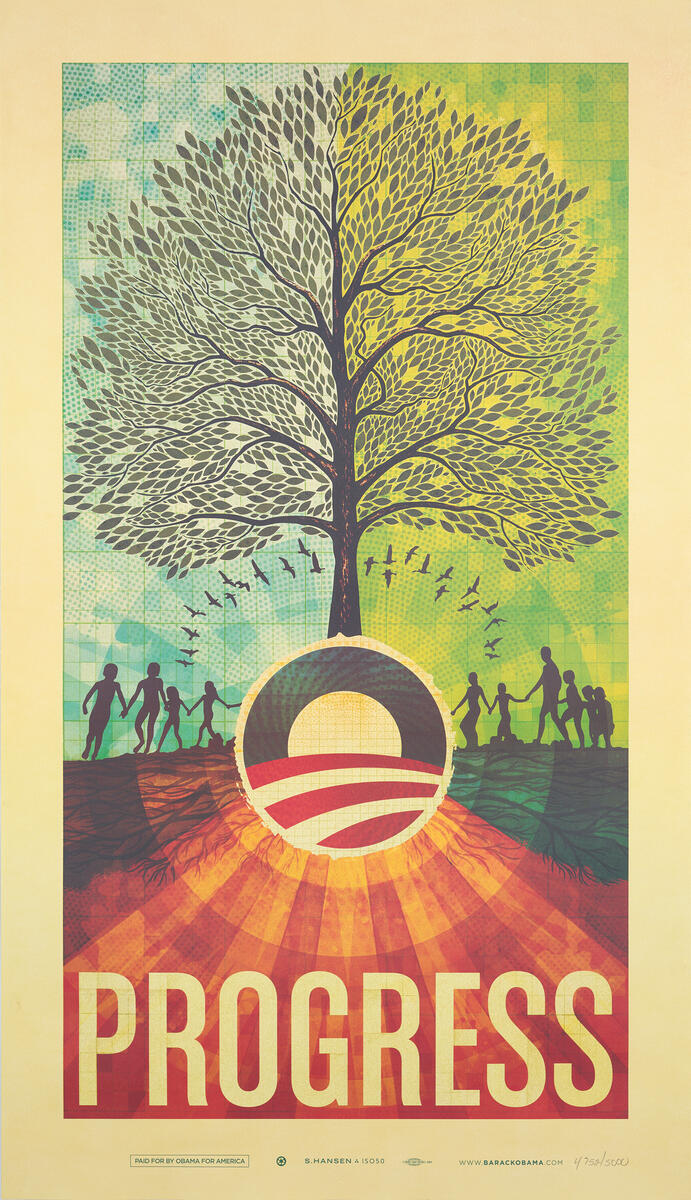 The Official Obama 2008 "Progress" Campaign Poster is a limited-edition print with a large tree above the Obama logo, people holding hands beneath it, rays of light, and the bold word PROGRESS at the bottom.