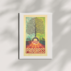The Official Obama 2008 "Progress" Campaign Poster features a large tree above a rising sun and Obama’s logo, with people holding hands encircling the tree and "PROGRESS" below—a unique, collectible campaign print.